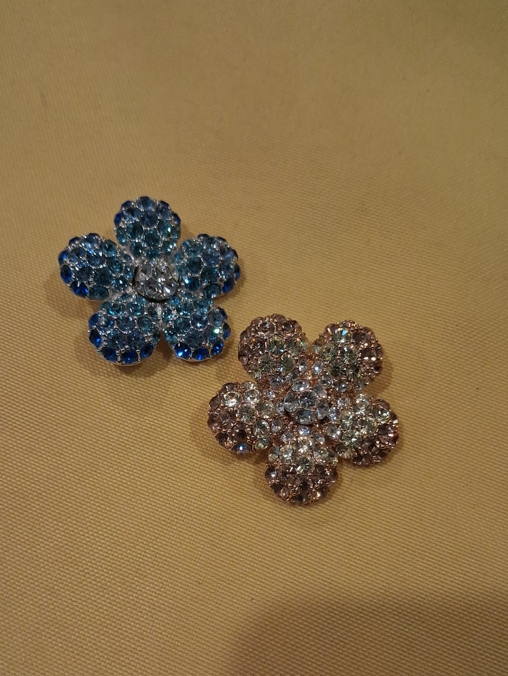 Signed Nolan Miller Sparkling Crystal Flower Brooches - Blue and Gold